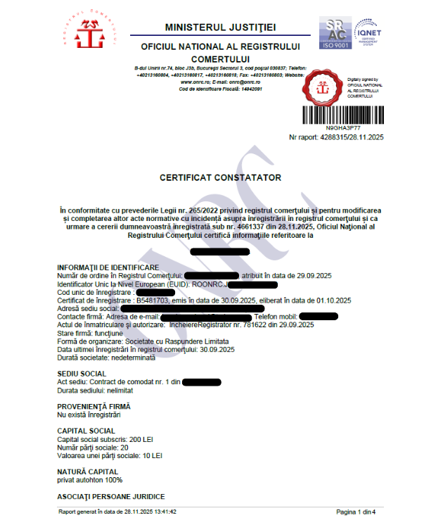 Exemplu de certificat constatator emis de Registrul Comerțului